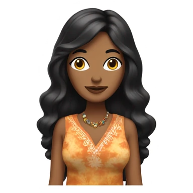 Tanned woman with black hair dressed in 1970s hippie attire, hair, makeup, and attire sticker
