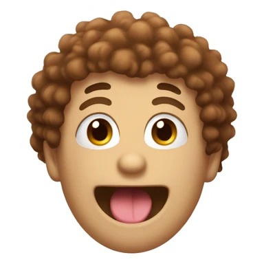emoji with brown fluffy hair, a smiling mouth with a really big tongue sticker