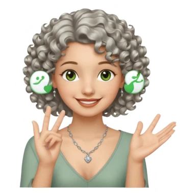 silver, short, wavy-haired with curls, smiling pretty lady, hopeful with fingers crossed on one hand, green/brown eyes sticker