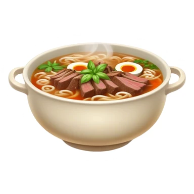 Cinematic Realistic Pho Dish Emoji, depicted as a steaming bowl of aromatic beef noodle soup with herbs rendered with lifelike textures and vibrant, warm lighting. sticker