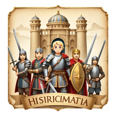 Icon for Historical Movies: A vintage movie poster-style design with elements of ancient architecture, historical figures in period costumes, and a backdrop of a historical event or battle. Include scrolls, swords, and shields. Retro cinematic feel. Transparent background. sticker