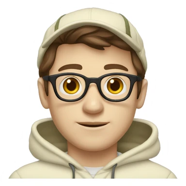 Man with brown hair and glasses wearing a cream hoodie, with a pale skin, and an university of oregon mesh hat sticker