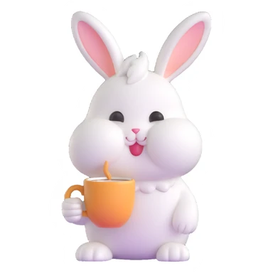fluffy cream bunny with teardrop eyes holding a coffee mug, cozy soft background sticker