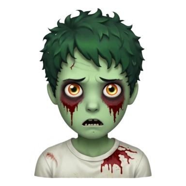 zombie character with green skin, messy short curly black hair, and no glasses. Give him large expressive eyes, a slightly frightened or eerie expression, subtle wounds, dark under-eye shadows, and a few cracks or dried blood marks on the face.  white shirt and without bleeding eyes **BLACK HAIR** sticker