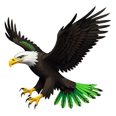 Stylized vector eagle flying sideways, wings spread up. Matte black with neon-green angular feather patterns, fierce face, extended talons. Bold flat sticker style with a thick clean white outline. sticker