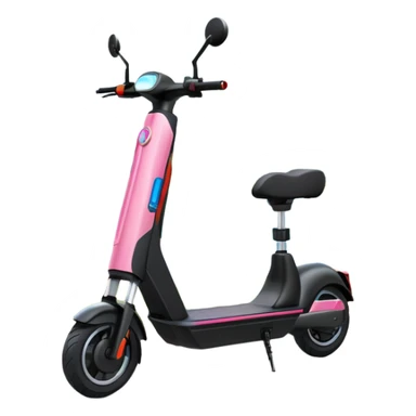 An icon featuring a sleek electric scooter parked on a scenic path. The background showcases a vibrant city park with green trees, flowers, and a clear blue sky. The sun sets in the distance, casting a warm golden glow on the landscape. Transparent background sticker