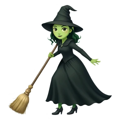 Elphaba, green witch with black hat and long black dress riding a broomstick sticker