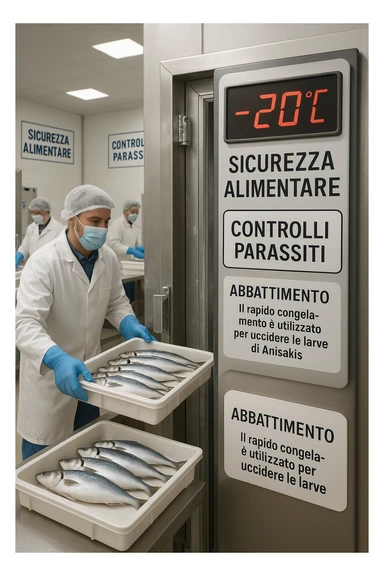 a fish processing facility where freshly caught fish are placed on trays and moved into a large industrial freezer. A temperature gauge shows -20°C, and an educational label explains that rapid freezing (abbattimento) is used to kill Anisakis larvae. The background includes workers in protective clothing and clear signage about food safety. in italiano sticker