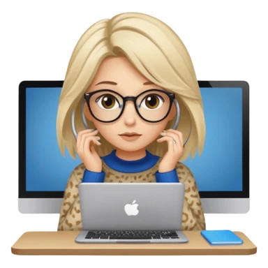 ragazza bionda con capelli lunghi, con occhiali tartarugati, occhi azzurri, con maglione beige, seduti alla scrivania che lavora al pc sticker