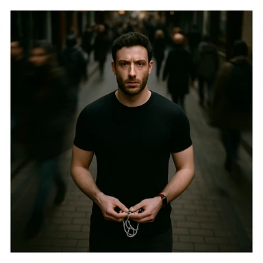Overhead cinematic shot, reference person, no headphones, black shirt, athletic and fit, standing still on a brick city sidewalk, motion-blurred crowd, moody lighting, 35mm film look, shallow depth of field, sharp focus. Urban. Render in a style suitable for cinematic photography with moody lighting and shallow depth of field. sticker