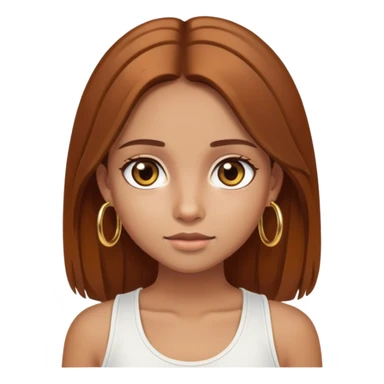 Tan-skinned girl, long straight chestnut hair center-part, big brown eyes, gold hoops, white tank sticker