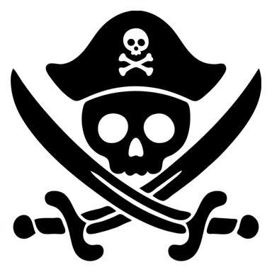 bold clean icon of green skull with empty sockets, classic black pirate hat with small skull-and-crossbones, two detailed curved cutlasses crossed behind the skull, black and green color scheme, plain white background, skull centered and unobscured sticker