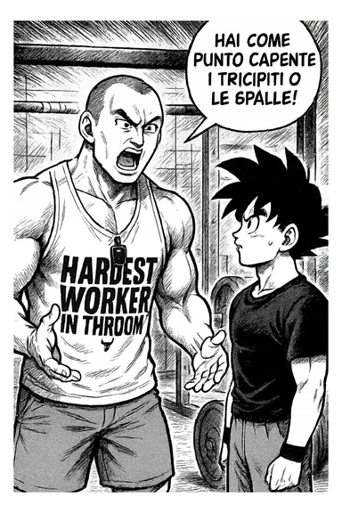 Personal trainer che dice al suo allievo, "hai come punto carente i tricipiti o le spalle!" Stile manga di Dragon Ball sticker