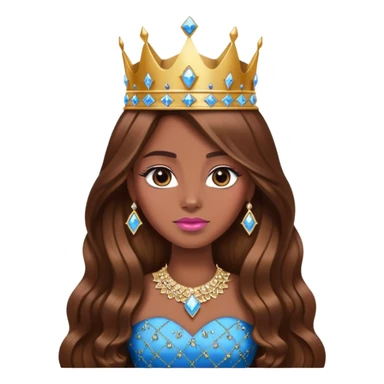 Queen, brown long hair, big golden crown encrusted with pink diamonds, black dress with blue diamonds sticker