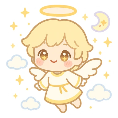 kawaii chibi angel with soft halo, tiny wings, golden eyes, blushing cheeks, pastel white and gold outfit, floating, dreamy expression, sparkles, clouds, celestial sticker sticker
