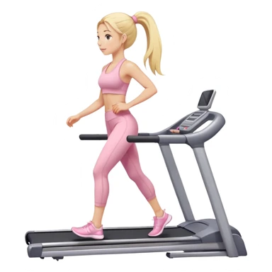 girl with long blonde pony tail walking on treadmill wearing light pink yoga set sticker