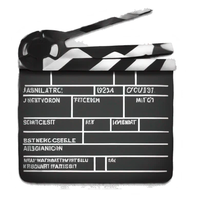 “Create an emoji of a traditional black film clapperboard, commonly used in movies to cut scenes. The clapperboard should feature a black and white striped top and a black base with white lines or text to resemble the classic design.” sticker
