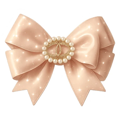 Add sparkling effects to the elegant bow with pearls and gold Chanel logo, glossy, pastel colors, realistic style, with a solid white background. The image should have a clean and solid white background to highlight the sparkling and glossy details with soft pastel colors. sticker