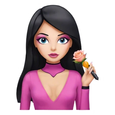 Glamours, tanned, very beautiful girl, with big pump peach-beige-rose lips, eyeliner, long lashes, black straight smooth silky long hair, straight parting hair, blue-grey eyes in pink bodysuit sticker