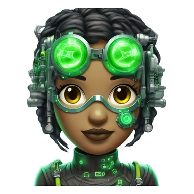 Neon green bobbed hair Latina female cyborg head with silver steampunk goggles and circuits sticker