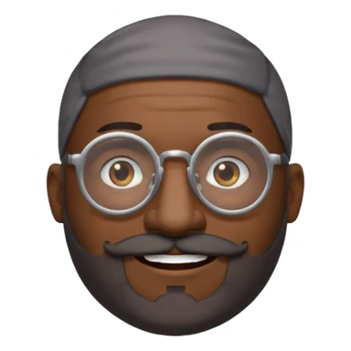 African american male, bald, full gray beard, black mustache. Round face, glasses sticker