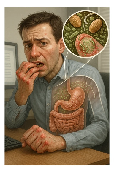 Anxious man at office desk unconsciously biting fingernails, microscopic overlay showing parasitic eggs and bacteria concentrated under nail beds, worms and microorganisms being consumed with each bite, expression of nervous habit unaware of contamination, computer screen reflecting his stress while he infects himself, fingertips raw and bleeding from chronic nail-biting, invisible parasite colonies entering his digestive system sticker