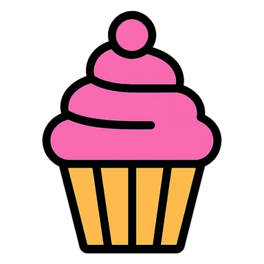 A colorful outline icon of a cupcake with pink icing sticker