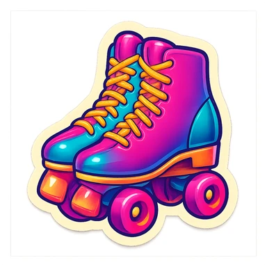 Barbie inspired sticker, retro 80s style, neon colors, roller skates, fun vibe sticker