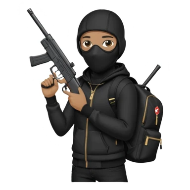 YN wearing a ski mask, holding a gun, all black fit, black jeans, Sprayground bookbag, confident stance sticker