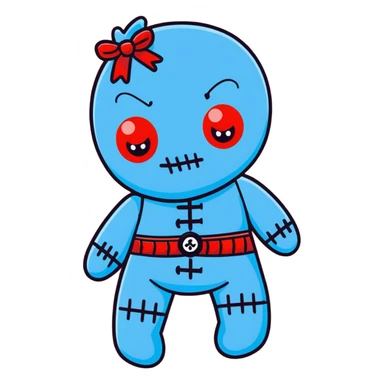 A Carolina blue voodoo doll with red stitching and buttons for eyes, with several pins stuck in it sticker
