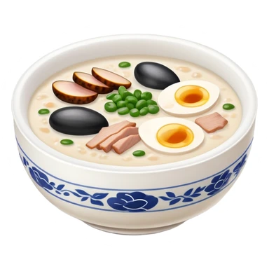 Guangzhou rice porridge congee with century egg and pork, simplified emoji style with bold outlines and bright colors, cartoon style Southern Chinese breakfast bowl sticker