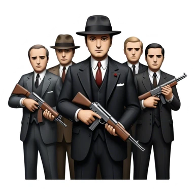 Vintage noir poster with Don Corleone surrounded by gangsters holding Thompson submachine guns. Dark and moody atmosphere with shadows, suits, and a mysterious vibe. Background features New York skyscrapers, adding to the gritty, classic gangster film feel. Transparent background. sticker
