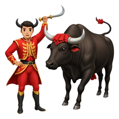 Create a realistic image of a traditional bullfighting scene in a Spanish arena.
Show a bullfighter (matador) HOLDING a red cape (muleta) not wearing one. as a powerful black bull charges toward it. sticker