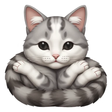 grey and white small cat with eyes closed lying down upside down with its paws/arms tightly covering its own face sticker