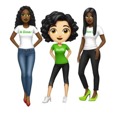 white woman with black hair wearing a t-shirt with the name.D'NUTRI wearing slime green jeans wearing high heels sticker