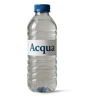 photo realistic transparent water bottle with label reading 'Acqua' in Italian sticker