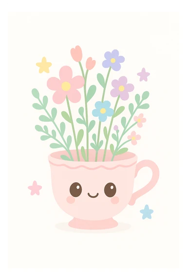a teacup with wildflowers, cottage core style, delicate and vintage aesthetic, soft pastel colors sticker