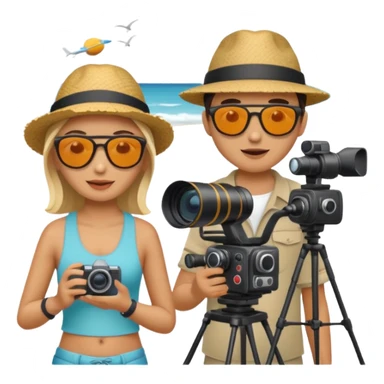 a film crew with camera equipment at a beach, overseas filming sticker