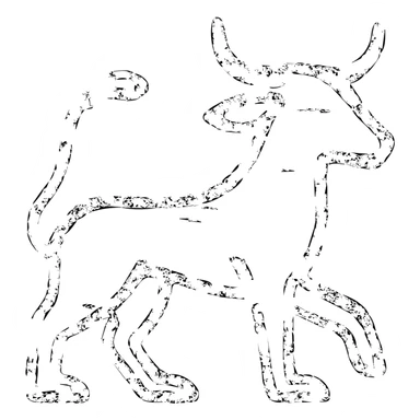 a highly abstract red icon of stoat-minotaur fusion with extensive scratches and deliberate wear, very minimal with most lines broken, incomplete outlines with numerous missing sections, extremely weathered and damaged appearance, ancient and worn look with multiple scrapes and faded areas sticker