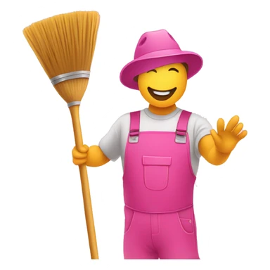 An illustration of an emoji holding a broom, bucket and taking a selfie, in pink and gold colors. sticker