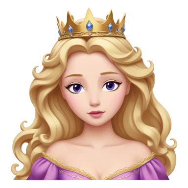 Cinematic Realistic Sleeping Beauty (Aurora) Portrait, with porcelain-like skin featuring a natural rosy flush, illuminated by soft lighting that highlights the gentle contours of her face. Her golden blonde hair flows in soft, detailed waves with subtle highlights that shimmer in the light. Her deep violet-blue eyes radiate warmth and innocence, framed by arched brows and long lashes. Her serene expression exudes quiet elegance. She is dressed in her classic pink gown, the fabric rich in texture with delicate folds that catch the light. A golden crown rests atop her head, gleaming with royal refinement. The portrait captures a soft, glowing aura, blending realism with an ethereal sense of beauty and timeless enchantment. sticker