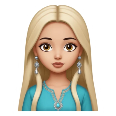 generate a pretty bratz girl wearing a kurti, eyeliner on, long straight hair, silver jhumkas in ear sticker