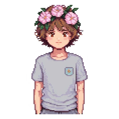 a boy with fluffy, wavy short hair and brown eyes, wearing a light grey t-shirt and a light pink flower on his head, pixel art style sticker