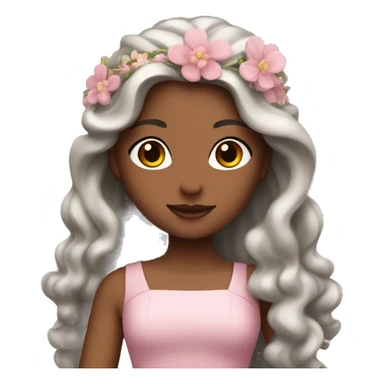 White princess with slightly wavy brown hair, a long flowy pink dress and flowers in her hair sticker