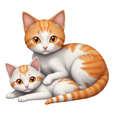 full body of very small + skinny ginger and white kitten with deep orange eyes and triangular shaped face lying down cuddling a grey and white kitten who is a bit bigger than him sticker