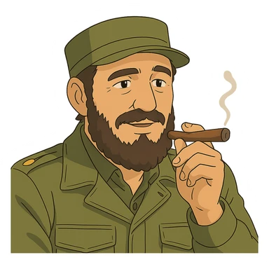 ghibli style illustration of Fidel Castro with a cigar sticker