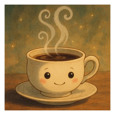 a whimsical teacup with a tiny face and steam, ghibli style sticker