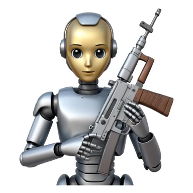 An AI humanoid robot looking smart and holding an AK-47 sticker