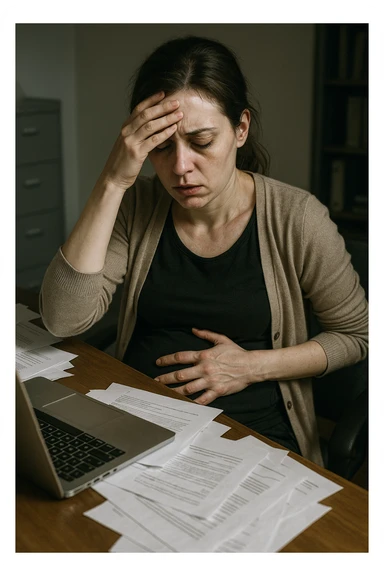 Empathetic photorealistic shot of a woman at her desk, overwhelmed by work. One hand is pressed against her forehead, the other grips her painful, bloated abdomen. Papers are scattered around her. The lighting is harsh and unflattering, emphasizing her pale complexion and the dark circles under her eyes. sticker