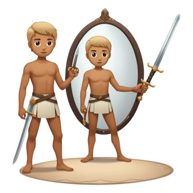 A person standing in front of a mirror, looking, while a sword on the floor. The mirror represents self-awareness and acceptance sticker